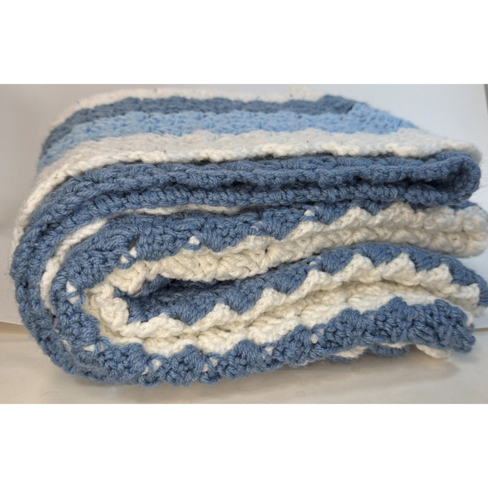 Hand Crocheted Lap Blanket Blue White Stripes 41.5X39.5